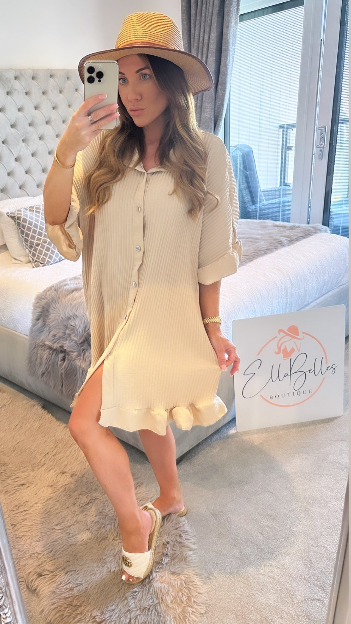 Beige Pleated Frill Dress